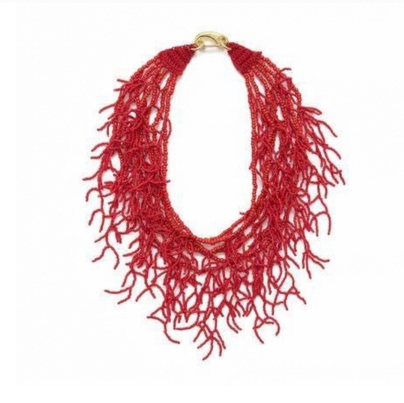 🔹️ Piper K 🔹️Hand Beaded Made In India Fringe Red Coral Cascade Necklace  🪸 - Picture 1 of 8